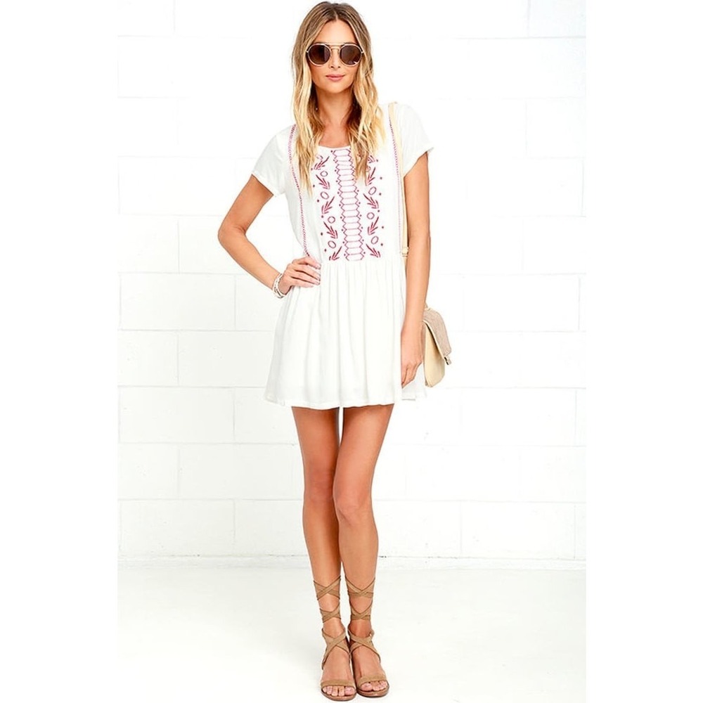 Lulu's Crush-Worthy Ivory Embroidered Babydoll Dress with red - Small - Picture 6 of 11